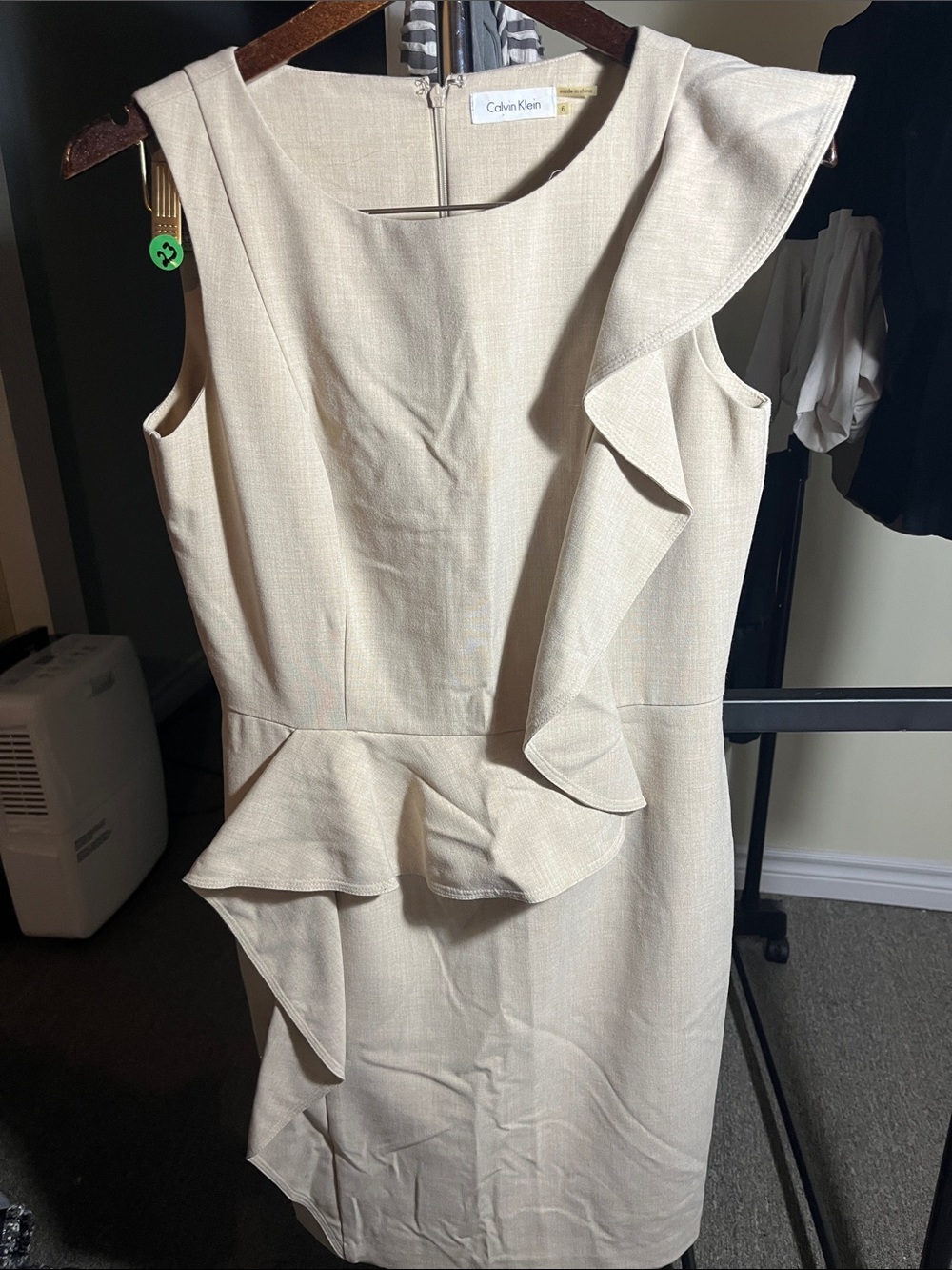 Calvin Klein Beige Ruffle Midi Sheath Dress
